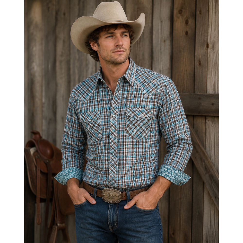 Men’s XXL Western Pearl Snap Plaid Shirt Cowboy Ranch Rodeo Flip Cuff Cotton
